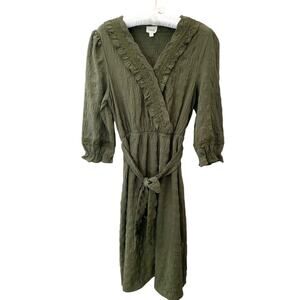 EMBERLEY | Dark Green Ruffle Midi Dress Crinkle Textured 3/4 Sleeve | Small